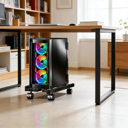 Hmfmdy Black Adjustable Mobile CPU Stand with Locking Casters, Under-Desk Computer Tower Cart
