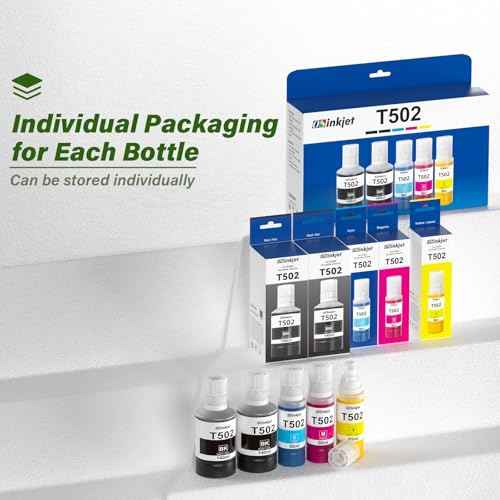 502 Ink Refill Bottles for Eco Tank ET-3760 ET-2850 ET-4760 ET-4850 ET-3850 ET-15000 ET-4750 ET-2750 ET-2760 ET-3700 Printer, 502 T502 Ink Refill Bottles Combo Pack(2BK C M Y)