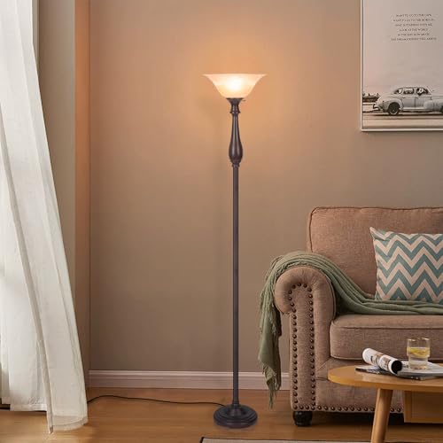 HonoDing Torchiere Floor Lamp for Living Room, Standing Lamp with Glass Shade, Iron Brushed Nickel Floor Lamps, Corner Lamps for Bedroom, Office, Reading (Dark Brown)
