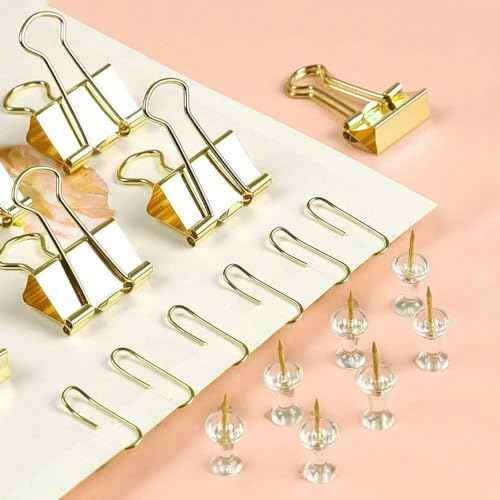 10 Pack, Gold Paper Clips and Binder Clips Set, Metal Assorted Sized Binders with Push Pins, Cute Gold Office Supplies for Desk, Desk Accessories