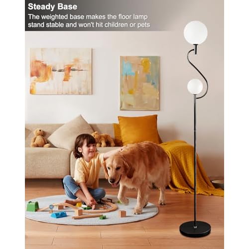 Lightdot 63 Inch Globe Floor Lamp, Mid Century Black Standing Lamps with 2 Globe Soft Warm White Eye Care 3000K Bulbs Included, Modern Tall Lamp for Living Room Bedroom
