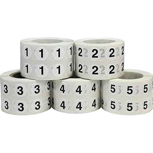 Numbers 1-5 Bulk Pack Office Warehouse Organization Inventory Stickers 1/2 Inch 1,000 Per Roll 5,000 Total Stickers