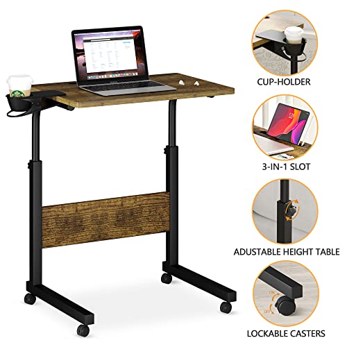 Klvied Standing Desk Adjustable Height, Stand Up Desk with Cup Holder, Portable and Easy to Move Bedside Table, Ideal for Home or Office, Black£¬Walnut