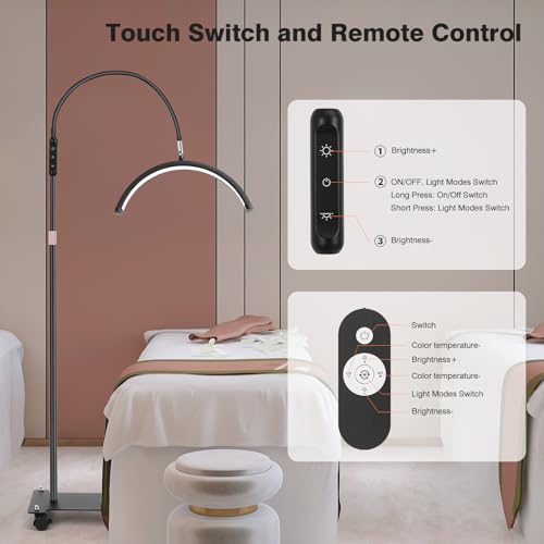Lash Light for Eyelash Tech with Wheels, Half Moon Light for Lash Extensions, Nail Tech, Tattoo Artist and Make up, LED Floor Lamp Adjustable Brightness and Color Modes (Black)
