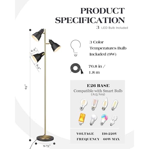 ELYONA Gold Tree Floor Lamp with 3 Adjustable Rotating Lights, Industrial Tall Pole Metal Standing Lights with 3 LED Bulbs for Living Room,Bedroom,Farmhouse,Office,Hotel, Vintage Brushed Brass & Black