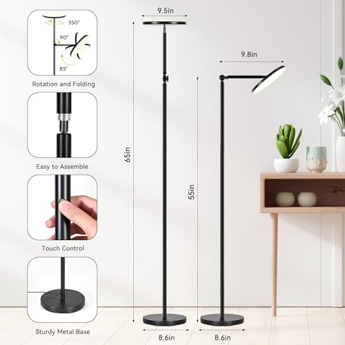 Floor Lamps for Living Room, 30W Super Bright LED Standing Lamp, Stepless Dimmable Tall Torchiere Lamp with Remote & Touch Control, Modern Floor Lamp for Bedroom & Office -Black