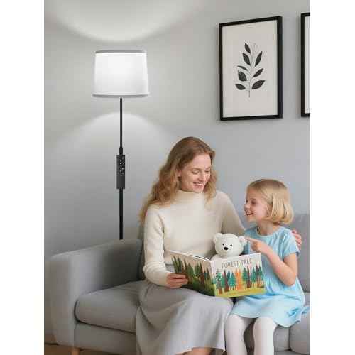 60" Modern Floor Lamp for Living Room Bedroom, Standing Lamp with White Linen Lampshade, Remote and Foot Switch, Tall Lamp with A19 9W 3000K-6000K Color Temperature 10%-100% Brightness Dimmable Bulb