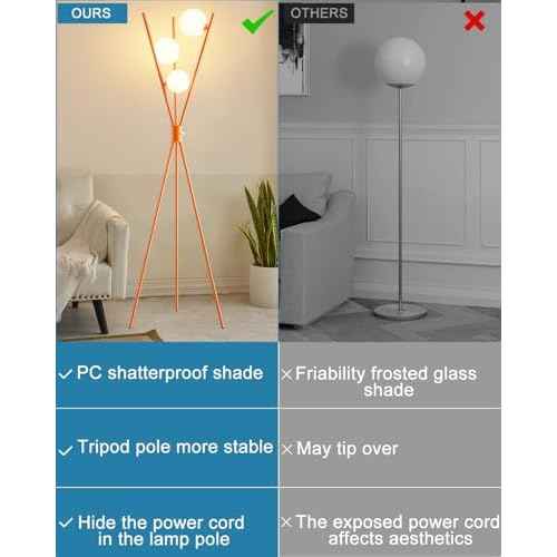 Lightdot Globe Standing Lamps Stepless Dimmable Tripod Floor Lamp with 3PCS 3000K G9 Bulbs Stable Base Orange Mid Century Modern Floor Lamp for Living Room/Bedroom