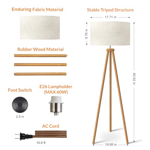 LEPOWER Wood Tripod Floor Lamp, Mid Century Standing Lamp for Living Room, Flaxen Lamp Shade, Modern Design Standing Lamp with E26 Base, Tall Floor Light for Bedroom, Study Room and Office Brown