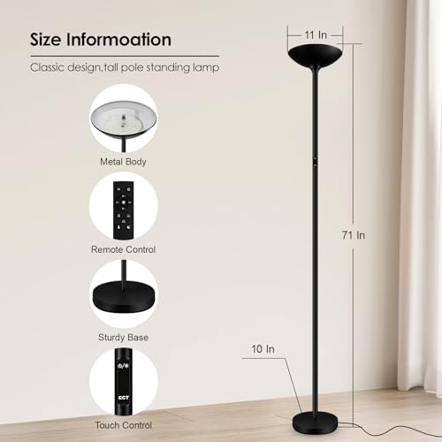 Stepless Dimmable Floor Lamp,30W 3000LM Super Bright LED Torchiere Floor Lamps with Remote & Touch Control,71 in Tall Modern Standing Lamp for Living Room Bedroom Office,2700k-6500k,Black
