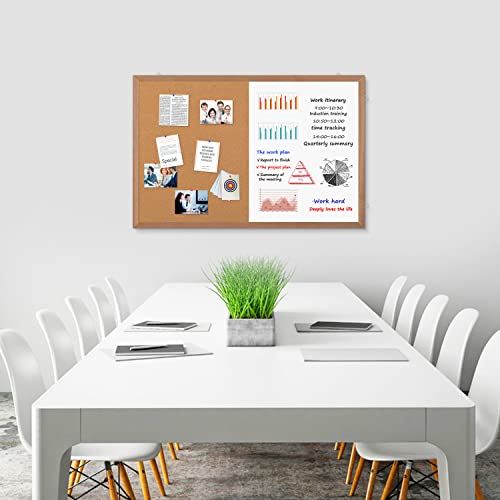 Miou 36x24 Inch Combination Magnetic Whiteboard Cork Bulletin Board - Wall Mount Combo with Natural Wood Frame