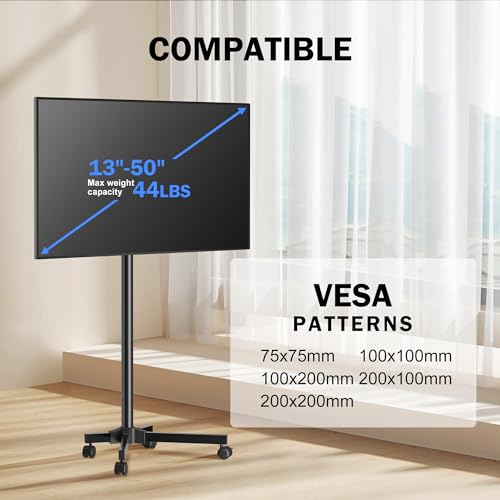 Mobile TV Carts, Rotating Rolling TV Stand on Wheels for 13-50" Flat/Curved TVs Height Adjustable 30¡Æ Tilt Floor TV Stand Portable Monitor Stand Holds up to 44lbs Max VESA 200x200mm ML1350