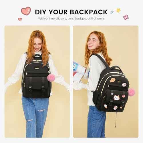 LOVEVOOK School Backpack for Teen Girls, Student Backpack Purse for 14-16 Teenage, Cute Kid Bookbag, Back to School Backpacks Fit 15.6 Inch Laptop, Large College Travel Bag, Black