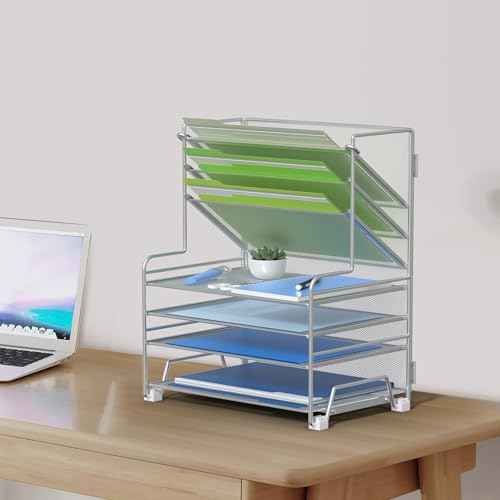 4-Tier Paper Organizer + 3-Pocket File Holder + Drawer + Pen Holders, Desktop File Organizers Paper Tray for Office Supplies School Classroom Organization (Silver, with Drawer & Pen Holder)