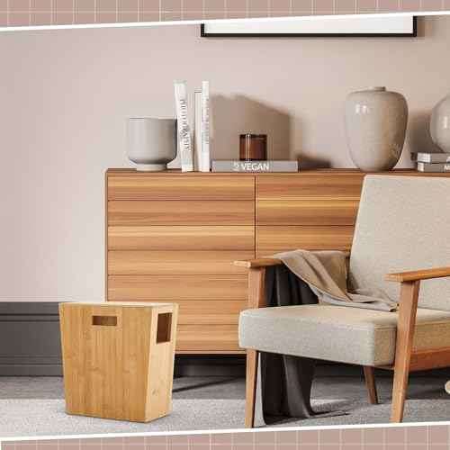 Slim Bamboo Trash Can for Bathroom Small Wooden Trash Can with Lid Wooden Waste Bin with Handle for Bathroom, Home, Office, Laundry, Bedroom, Kitchen, Living Room,12.9'' x 6.4'' x 13.3''