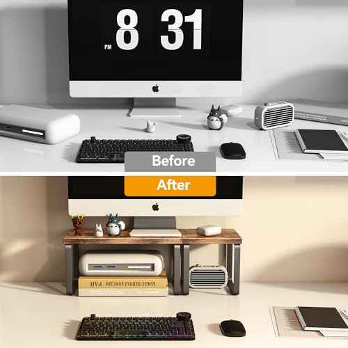 Homeiju Wooden Desktop Organizer Shelf, 2-Tier Adjustable Freestanding Bookshelf Desk Shelf, Stackable Desk Organizer for Office, Dorm, Bedroom, Space Saving, Easy Assembly, Rustic Brown (1 Pack)