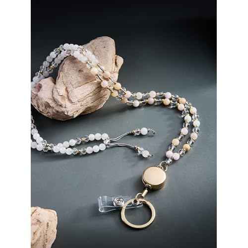 Retractable Lanyards for ID Badges and Keys, Beaded Lanyards for Women Natural Stone, Teacher Lanyard High-Performance Cute Lanyard Morganite