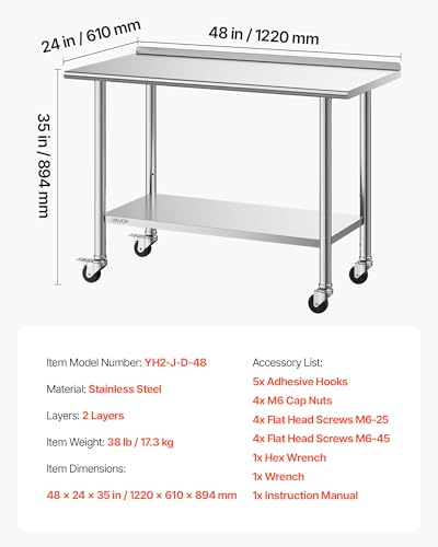 VEVOR Stainless Steel 24x48 inch Food Prep Table with Wheels, Undershelf, 30mm Backsplash