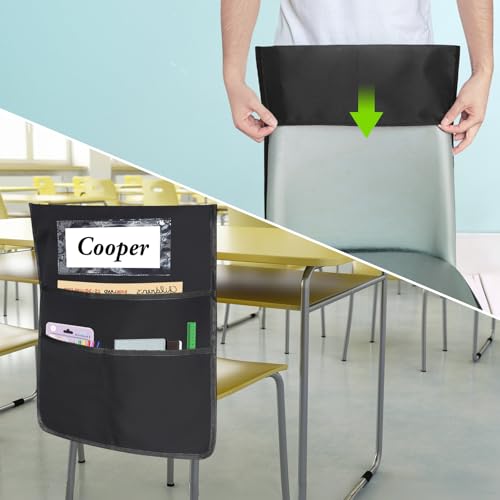 12 Pack Black Chair Pockets for Classrooms, Chair Pocket with 3 Heavy Duty Storage Pocket, Chair Back Buddy Pocket with Name Tag Slot, Ideal Back to School Supplies, Classroom Must Haves