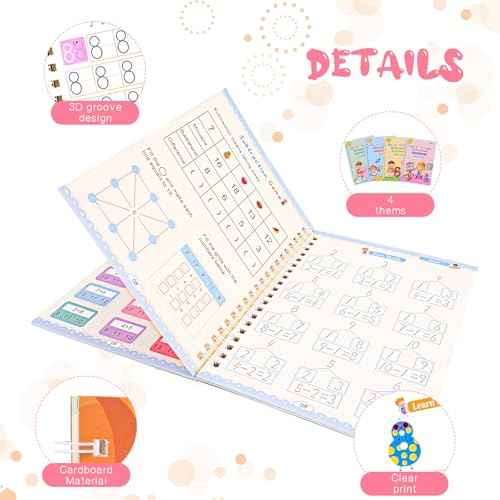 4 Pc Magic Grooved Practice Copybook,Reusable Grooved Writing Books,Handwriting Book Practice for Kids,Writing Practice for Kids Ages 3-8 Calligraphy (4pc+Pen) (4 Books with Pen)
