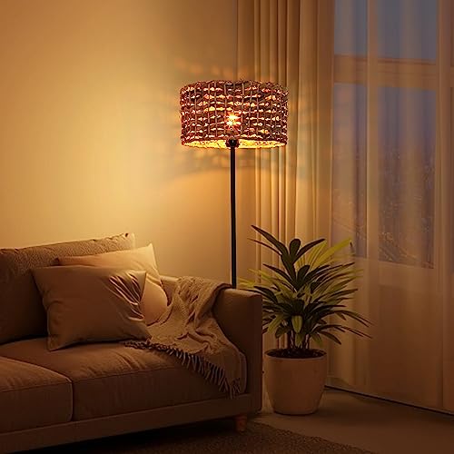 Bamboo Rattan Floor Lamp for Living Room, Boho Hand-Worked Woven Cylinder Lampshade Standing Lamp with Foot Switch, Industrial Black Tall Floor Light Decoration for Bedroom, Farmhouse
