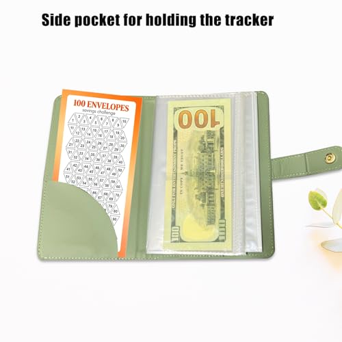 Whitefoxen Olive Green Money Saving Challenge Binder - 100 Envelopes & Tracker, Portable Budget Planner