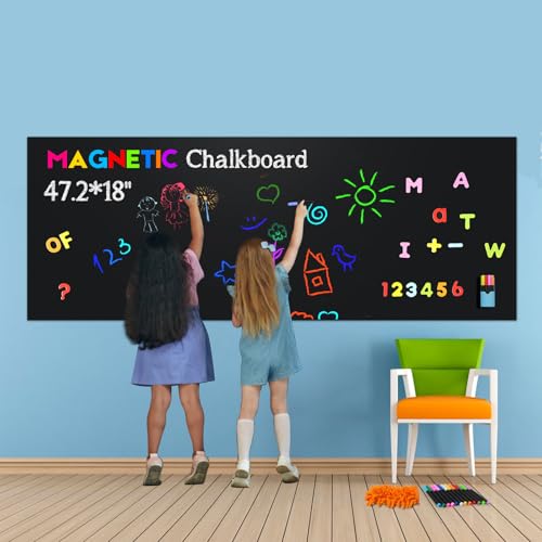 Magnetic Chalkboard Contact Paper for Wall, 47.2" x 18" Self-Adhesive Magnet Wall Sheet with 79 Magnete Letters for Kids and 12 Colors Liquid Chalk, Magnetic Wallpaper Stickers, Chalk Board