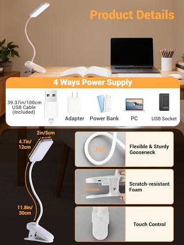 ReinHoo Rechargeable Clip-On Desk Light with 45 Lighting Modes - White
