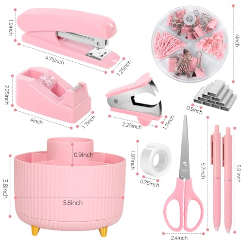 SKYDUE Pink Desk Accessories 10Pcs, Rotating Pen Holder for Desk, Stapler, Staple Remover, Tape Dispenser,2pcs Tape Refills, Binder Paper Clips Kit, Scissor,Pink Office School Supplies