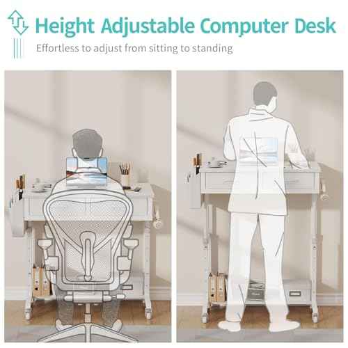 Small White Portable Rolling Standing Desk with Wheels, 32 Inch Adjustable Mobile Stand up Teacher Desks with 2 Fabric Drawers, Couch Sofa Side Laptop Table with Storage for Bedroom Home Office