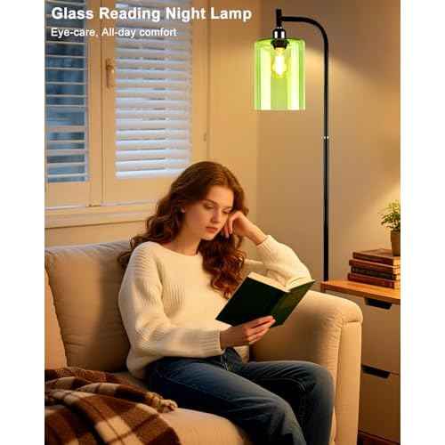 Lightdot 64IN Glass Floor Lamp for Living Room, Modern Standing Lamps with Green Ribbed Glass Lampshade, Industrial Floor Lamp for Bedroom Office-Black