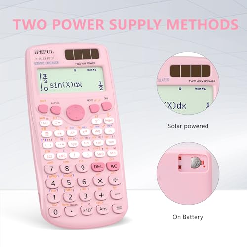 Scientific Calculators, IPepul Pink Math Calculator with 417 Function, Solar Battery Power and 4-Line Display, School Supplies for Middle High College Students Teachers (Pink 991ES Plus)