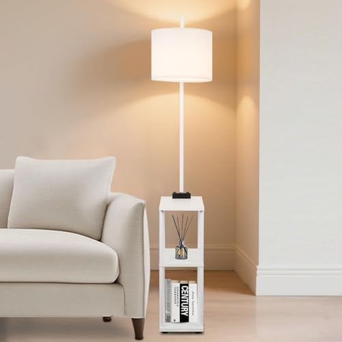 Floor Lamp with Table, Narrow Side Table with USB-A/USB-C Charging Station and AC Port, 3 Color Temperatures 12W LED Bulb, End Table for Bedroom, Living Room and Home Office, White