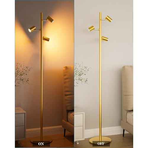 Lightdot 55IN LED Tree Floor Lamp for Living Room, Modern Standing Lamp with 3 Adjustable Rotating Lights, 3000K Warm White Standing Tall Pole Lamps for Living Room, Bedroom, Home, Office-Gold