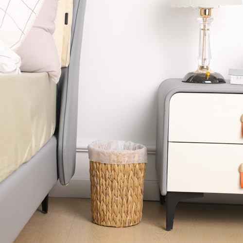 Wicker Waste Basket, Handwoven Water Hyacinth Trash Can Small Bathroom Trash Can Boho Woven Decorative Office Garbage Cans for Bedroom Bathroom Kitchen Living Room