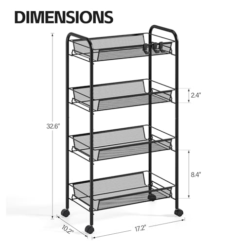 4-Tier Metal Utility Cart, Mesh Wire Rolling Cart on Wheels, Storage Trolley with Easy Assembly, Organizer Craft Cart 3 Hooks, Mobile Shelving Unit for Bathroom, Laundry Room, Home