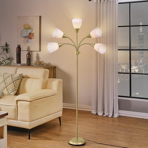 Medusa Modern Decor Floor Lamp, 5 Head Adjustable Gooseneck Lamps for Reading, White Shades Multiple Tall Standing Lamps for Living Room Bedroom Office Kids Classroom, Gold, Bulbs Included