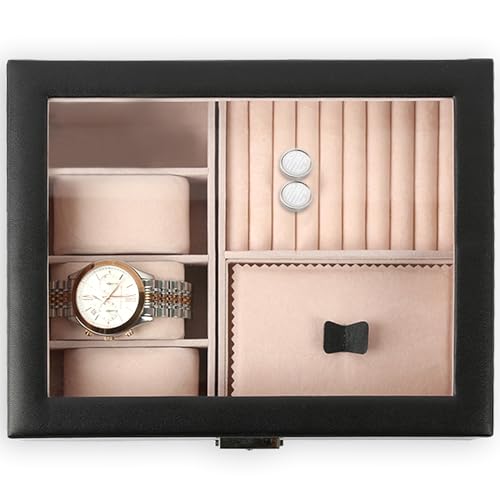 Natico Originals Multi-Compartment Jewelry Box Storage w/Glass Lid and Clasp Closure, Accessories Case for Watches Bracelets Rings Earrings Cufflinks (100-102403)