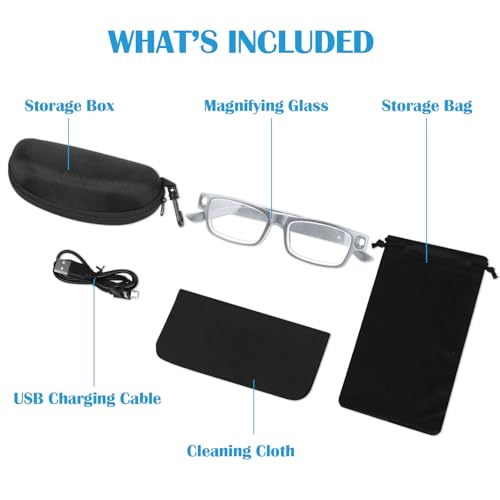 HQGZQL Black 200% Magnifying Glasses with Light - USB Rechargeable LED Reading Glasses