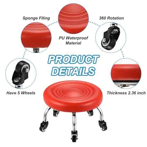 PATIKIL Low Rolling Stool with Wheels PU Leather Low Roller Seat Chair for Home Office Garage Shop, Red