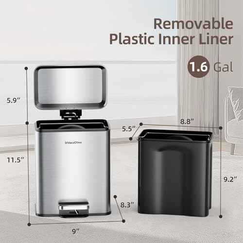 Small Bathroom Trash Can with Lid Soft Close, Stainless Steel Small Garbage Can with Removable Inner Bucket, Step Pedal, Trash Bins for Kitchen, Office, Bedroom, dorm, Brushed Gray (6L/1.6Gal)