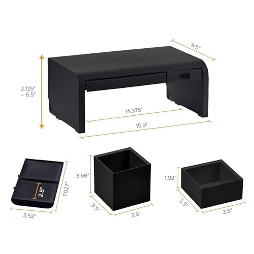 Bostitch Konnect Adjustable Monitor Riser with Drawer, Cell Phone Stand & Pencil Holder, Laptop Stand for Desk, 4 Height Levels, Cable Management & Rubber Feet
