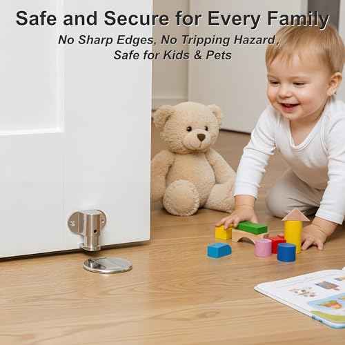 4 Pack Magnetic Door Stopper ? Upgraded with Nail-Free Glue, Adjustable Magnet Door Stop for Bottom of Door, Floor Mount Magnetic Door Holder Catch No Drilling (Silver)