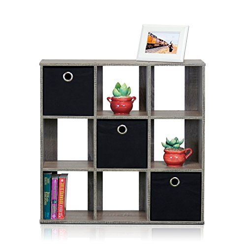 Furinno 9-Cube Storage Organizer with Bins in French Oak Grey, Space-Saving Bookcase