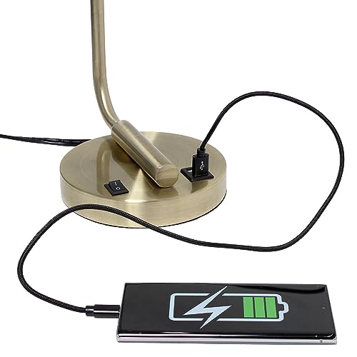 Simple Designs LD1066-ABS Bronson Antique Style Industrial Iron Lantern Desk Lamp with 2 Dual USB Ports and Glass Shade, Antique Brass
