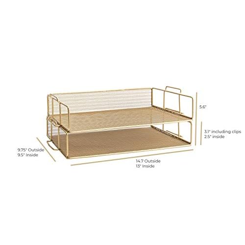 BLU MONACO Gold Mesh Paper Tray ? Set of 2 Stackable Letter Trays ? Durable Metal Desk Organizer for Home, Office & School ? Stylish Document Holder, File Storage, and Workspace Organizer