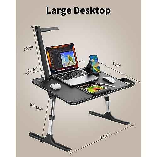 Laptop Table with LED Desk Light, SAIJI Laptop Stand for Bed, Height Adjustments Bed Desk with Book Stand for Reading Writing Drawing (Black)