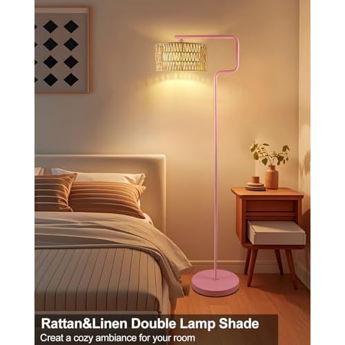 Lightdot 62IN Arc Rattan Floor Lamps for Living Room, Boho Standing Lamp with Rattan& Linen Double Lampshades, E26 3000K Soft Warm White Bohemian Caged Floor Lamp for Bedroom, Office-Pink