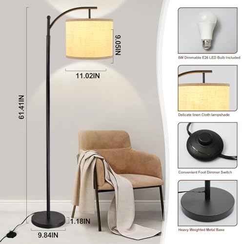 DLLT Modern Arc Floor Lamp, Farmhouse Standing Floor Lamps with Lantern Lampshade, Industrial Tall Reading Light for Bedroom Living Room Office Study, 3 Color Temperatures, Black, 8W Bulb Included