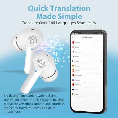 AI Language Translator, Bluetooth 5.3 Earbuds, Two Way Real time 40H Play time Translator Device for 144 laguagues, Compatible with iOS & Android, Fit for Travel/Business/Learning - White